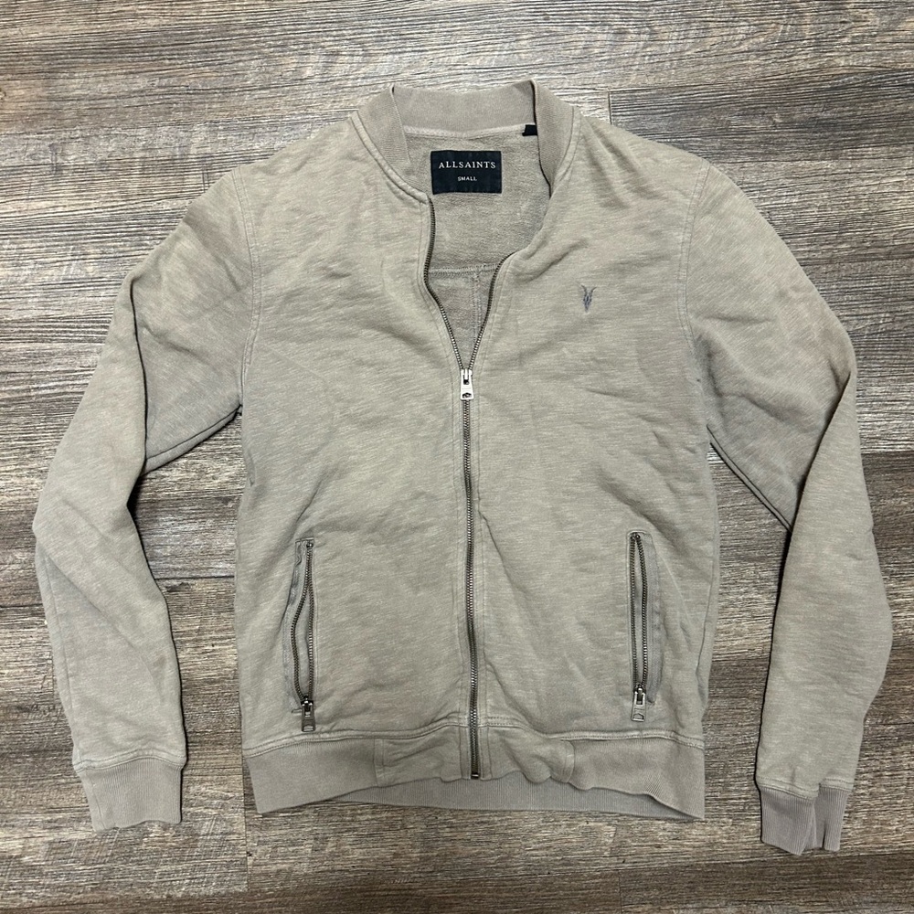 All Saints Men's Light Gray Zip-Up Sweater